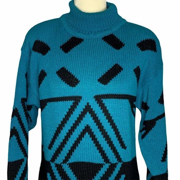 Vintage Mock Neck Chunky Knit Sweater S Blue Black - Picture 2 of 7